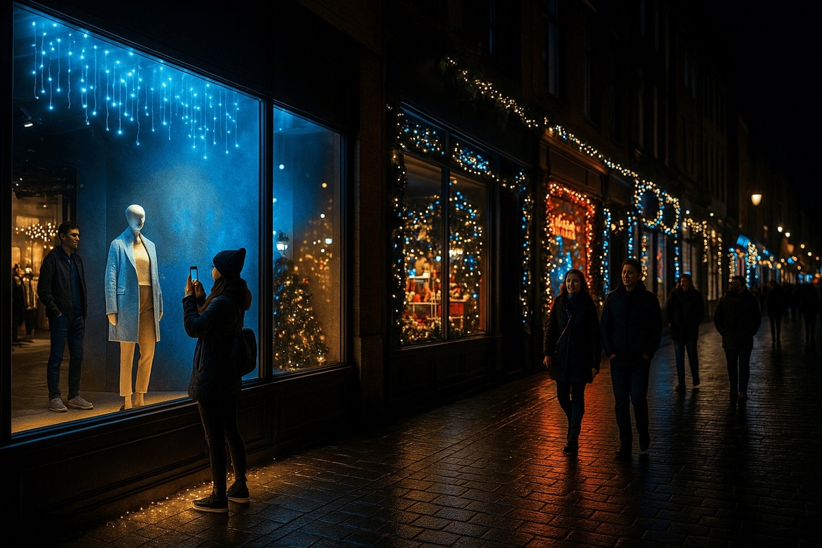 Ночная улица с рядом магазинов