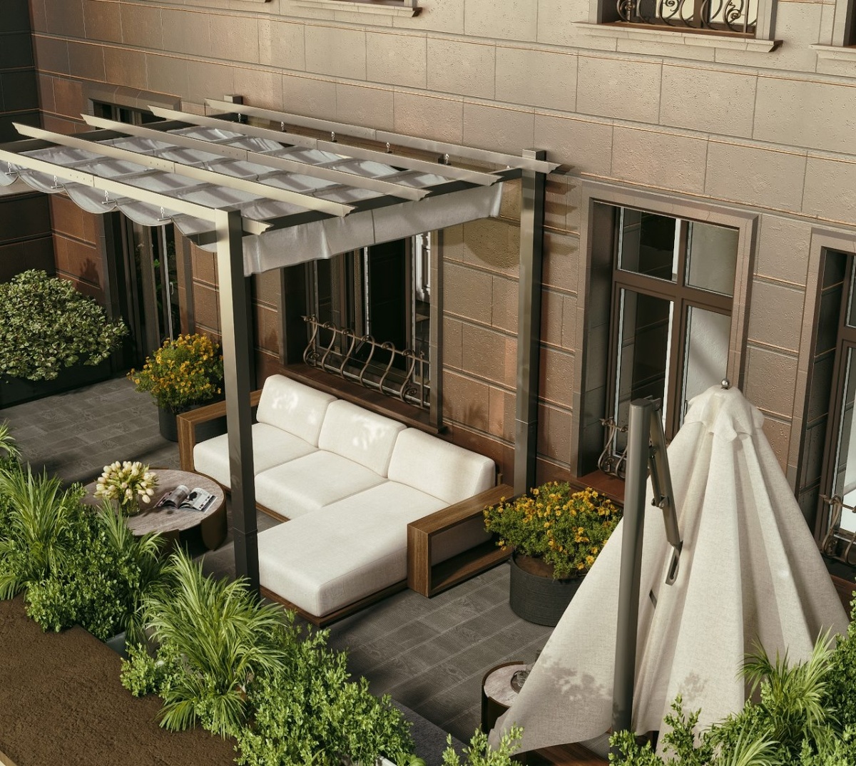 
Пергола с автоматизированным механизмом позволяет при необходимости «убирать» тканевый навес. ЖК «Династия». Фото: Nobbey