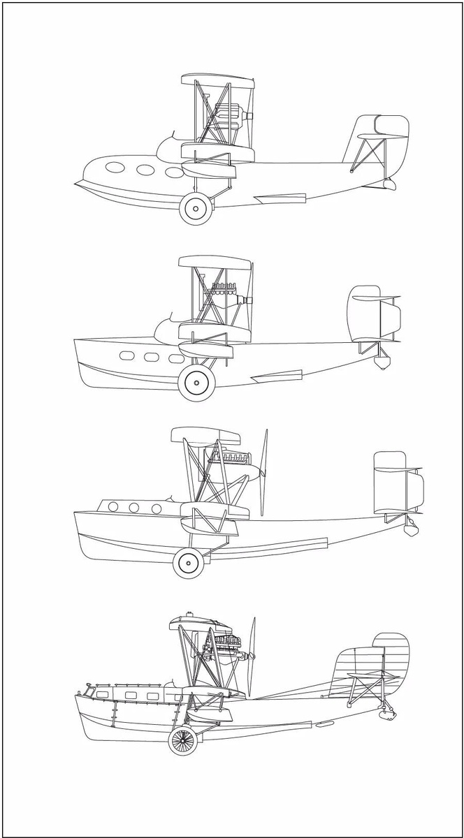 эволюция летающей лодки Sea Eagle; сверху вниз: семиместная коммерческая амфибия Swan; семиместная коммерческая амфибия образца 1921 года; восьмиместная коммерческая амфибия образца 1922 года; семиместная коммерческая амфибия Sea Eagle