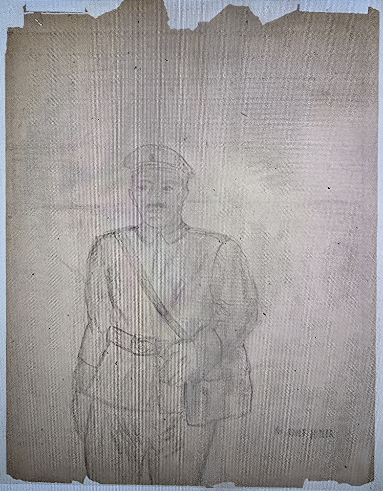 Художник Адольф Гитлер. Автопортрет. Карандаш на бумаге. Во время Первой мировой войны.