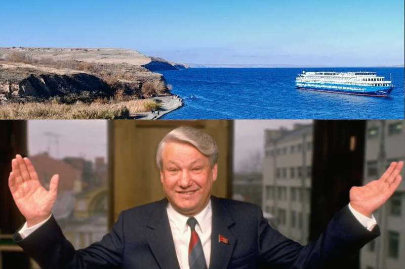    Круизный лайнер «Россия» на якоре у берега Щербаковского природного парка (коллаж)