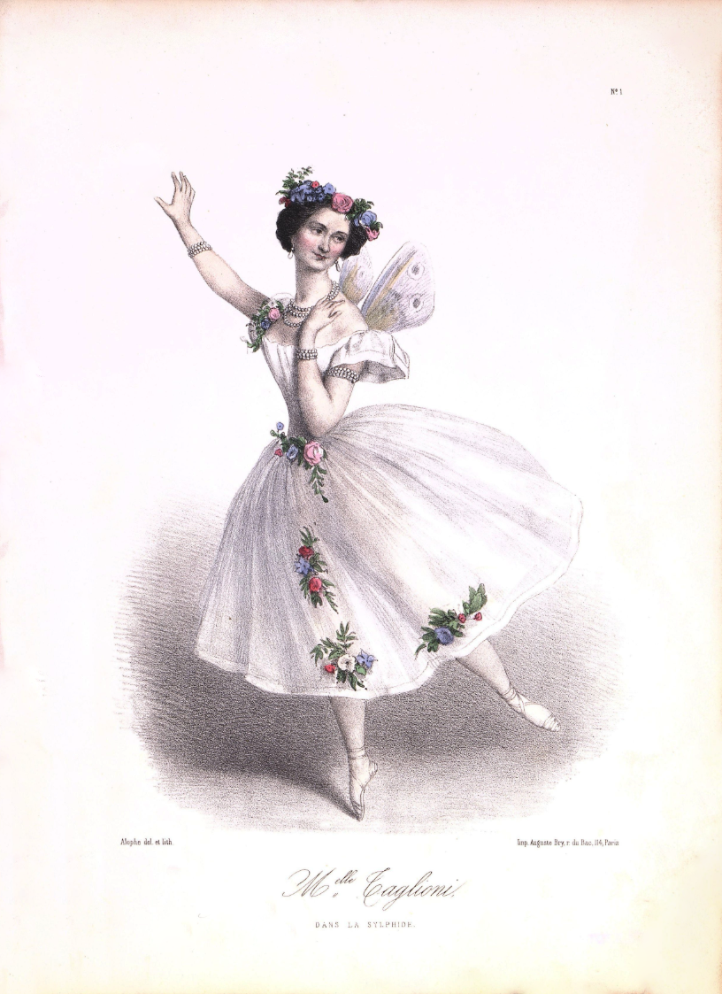 Мария Тальони в балете «Сильфида». Лист из альбома «Les danseuses de l'Opéra. Сostumes des principaux ballets, dessinés par Alophe» Мари-Александр Алофе. 1850-е гг.