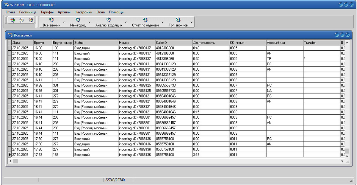 АТС Panasonic. Детализация вызовов