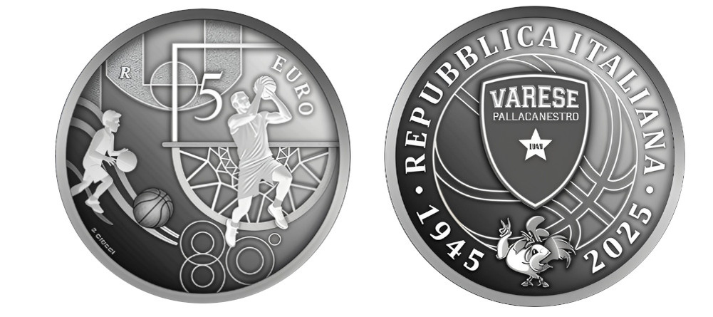    Серебряная монета 5 евро Италии 2025 года 80 лет баскетбольному клубу Варезе