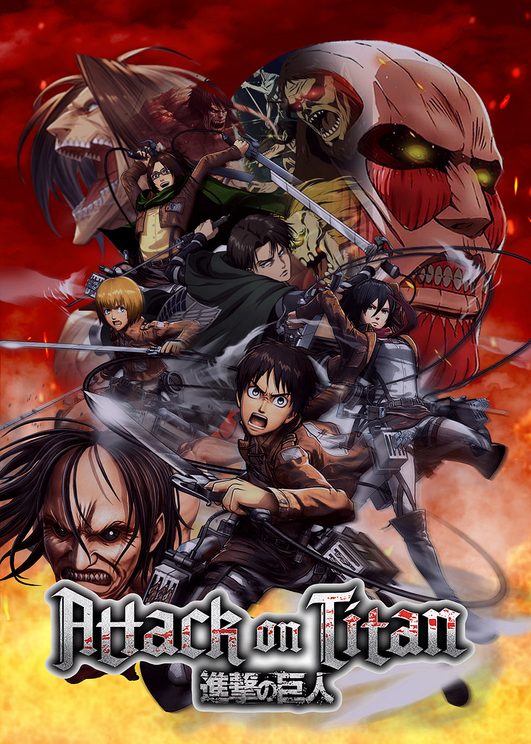 Poster of the anime "Attack on Titan" showing key characters and Titans in an intense, action-packed scene