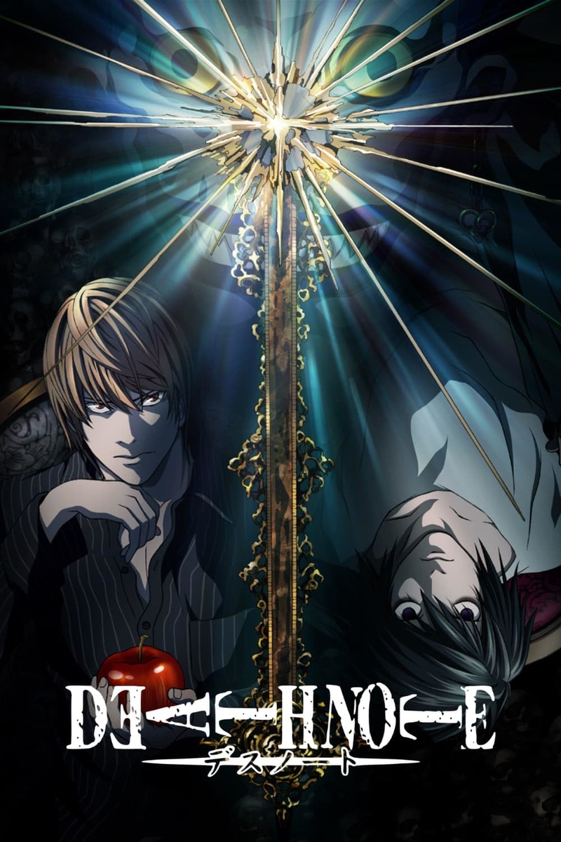 Poster image of Death Note anime featuring main characters Light Yagami and L with the iconic glowing sword in the center