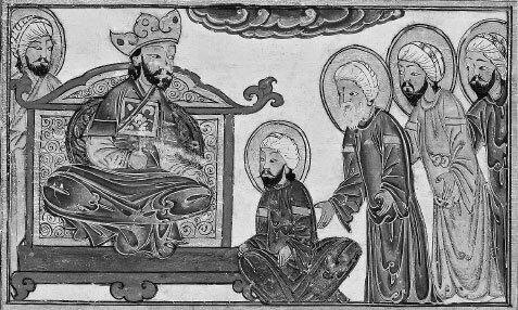 Фрагмент страницы из «Хронологии древних народов» Аль-Бируни. На изображении справа изображены зороастрийские жрецы, допрашиваемые сасанидским правителем Перозом I. Ок. 1307 г.