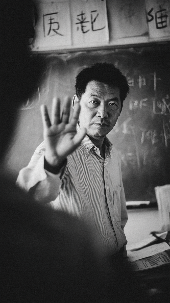 Учитель китайского языка в классе с иероглифами на доске. Символ дисциплины, уважения и глубины изучения языка. Фото иллюстрирует статью о типичных ошибках и вредных привычках при изучении китайского — о том, что мешает учить и как не надо учить китайский.