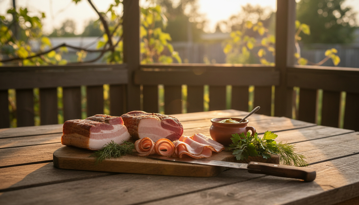    Куски копчёного мяса на доске