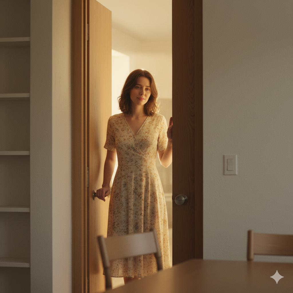 девушка у двери, за спиной мягкий свет, лёгкая грусть на лице, минималистичный интерьер, ощущение принятия и прощания