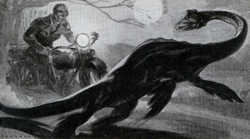 Зарисовка 1934 года, основанная на рассказе мужчины, который встретил Несси на суше и чуть не сбил её на мотоцикле. Увиденное он охарактеризовал как  "нечто среднее между плезиозавром и тюленем"