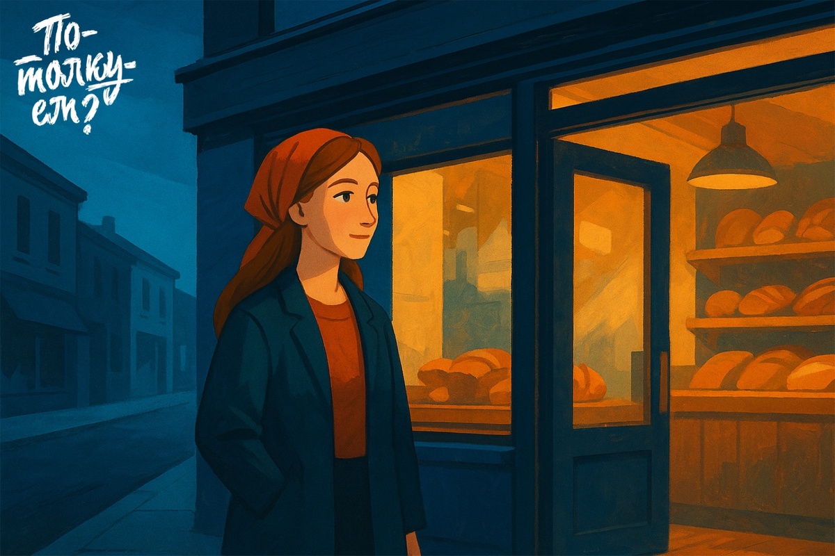 Женщина в платке у витрины булочной, тёплый свет внутри, вечер