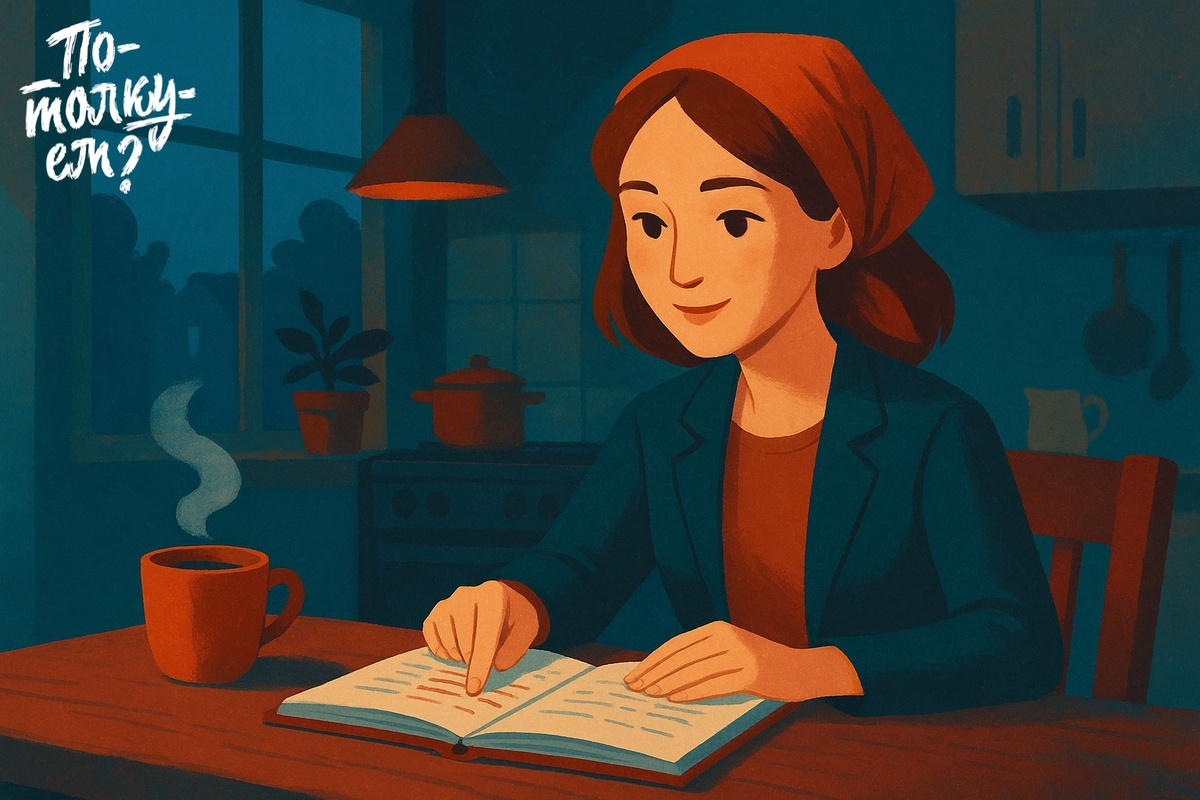 Женщина в платке за столом, указывает в тетрадь, рядом кружка чая