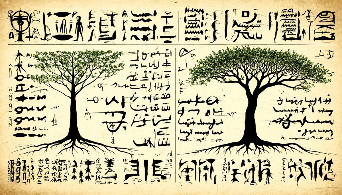 Иллюстрация 1: «Каллиграфия природы»
Анализ композиции как иероглифического письма. Схематическое изображение ритмических пауз и энергетических потоков, где каждое дерево соответствует штриху в связном тексте.