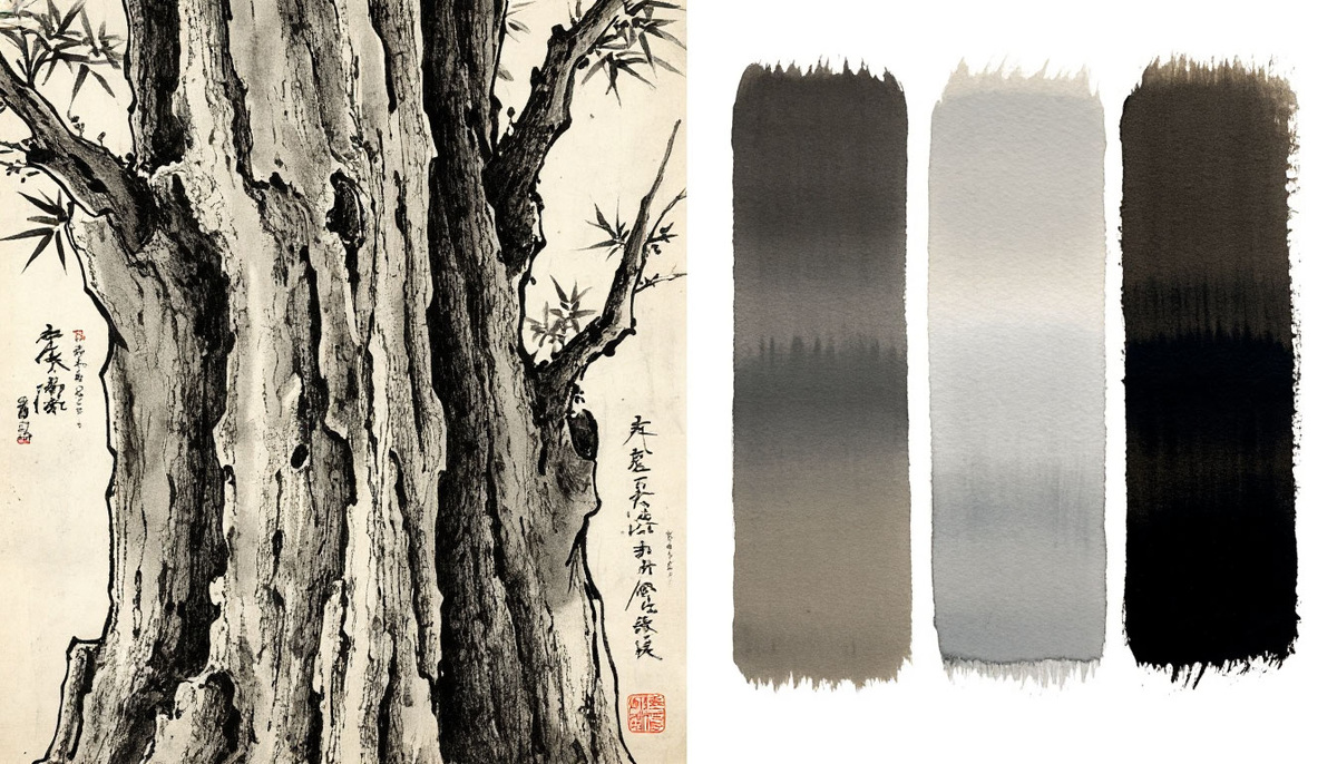 Иллюстрация 2: «Шкала туши»
Исследование основных тонов, используемых Ни Цзанем. От прозрачной дымки до плотной черноты — визуализация тональной градации как средства передачи пространственной глубины.