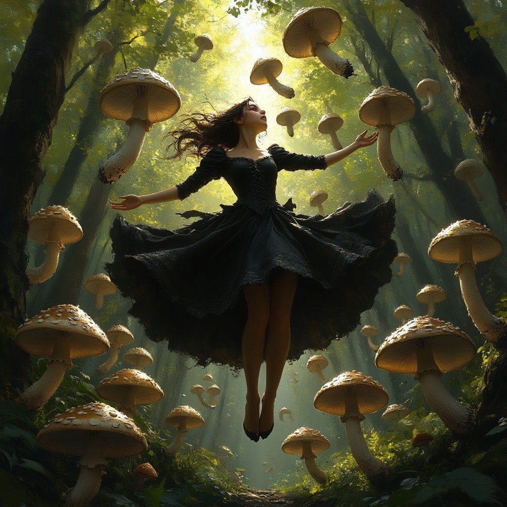 Зоня среди грибов. Сгенерировано нейросетью Алиса 