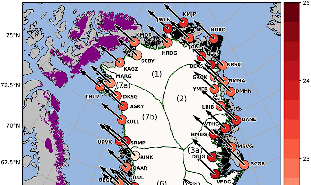 Гренландия движется на северо-запад. Фрагмент изображения из публикации Journal of Geophysical Research: Solid Earth, 2025