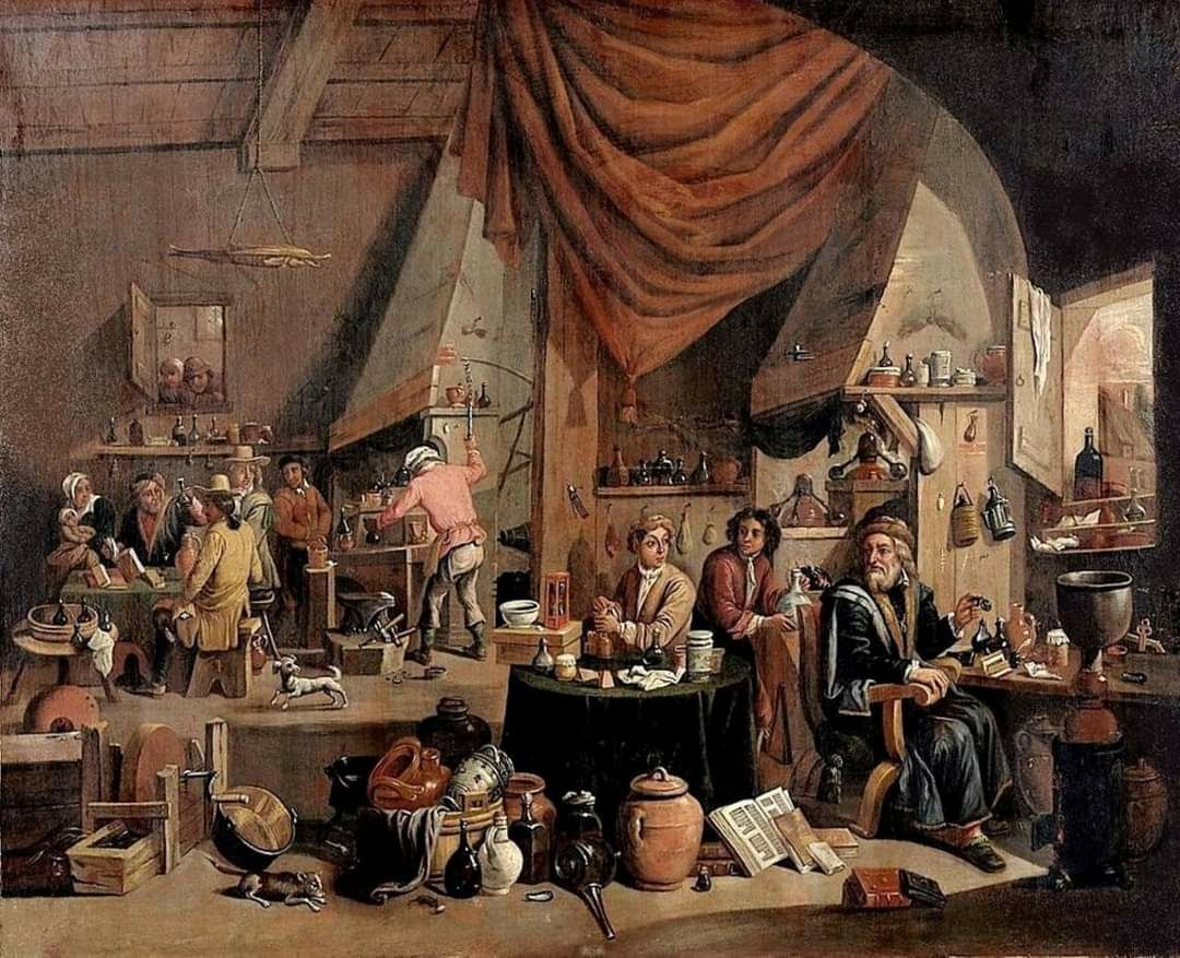 XVIII век: алхимическая лаборатория с научными инструментами