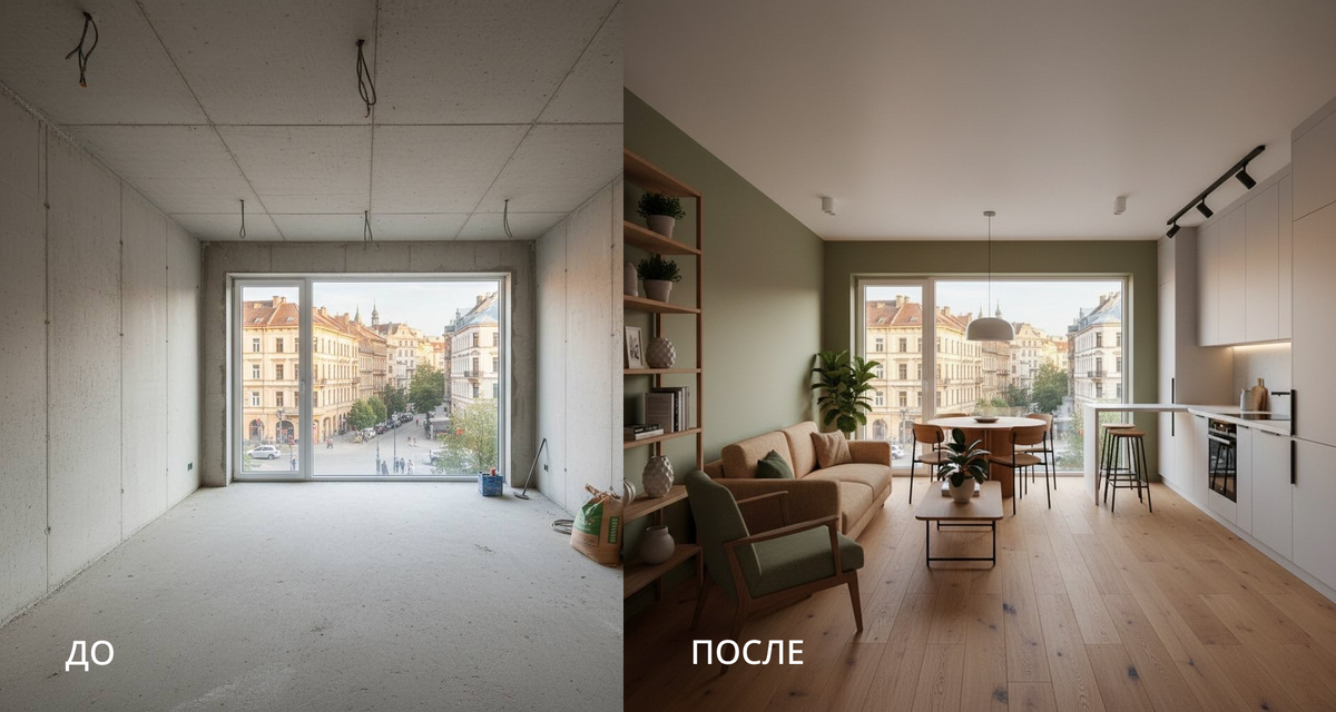 Кухня-гостиная с панорамным видом на город. Около 20 м², в современном стиле; пол дуб, стены матовая покраска в теплых нейтральных тонах с акцентом на #79A060, потолок белый матовый; обеденная зона на 4 человека, диванная зона