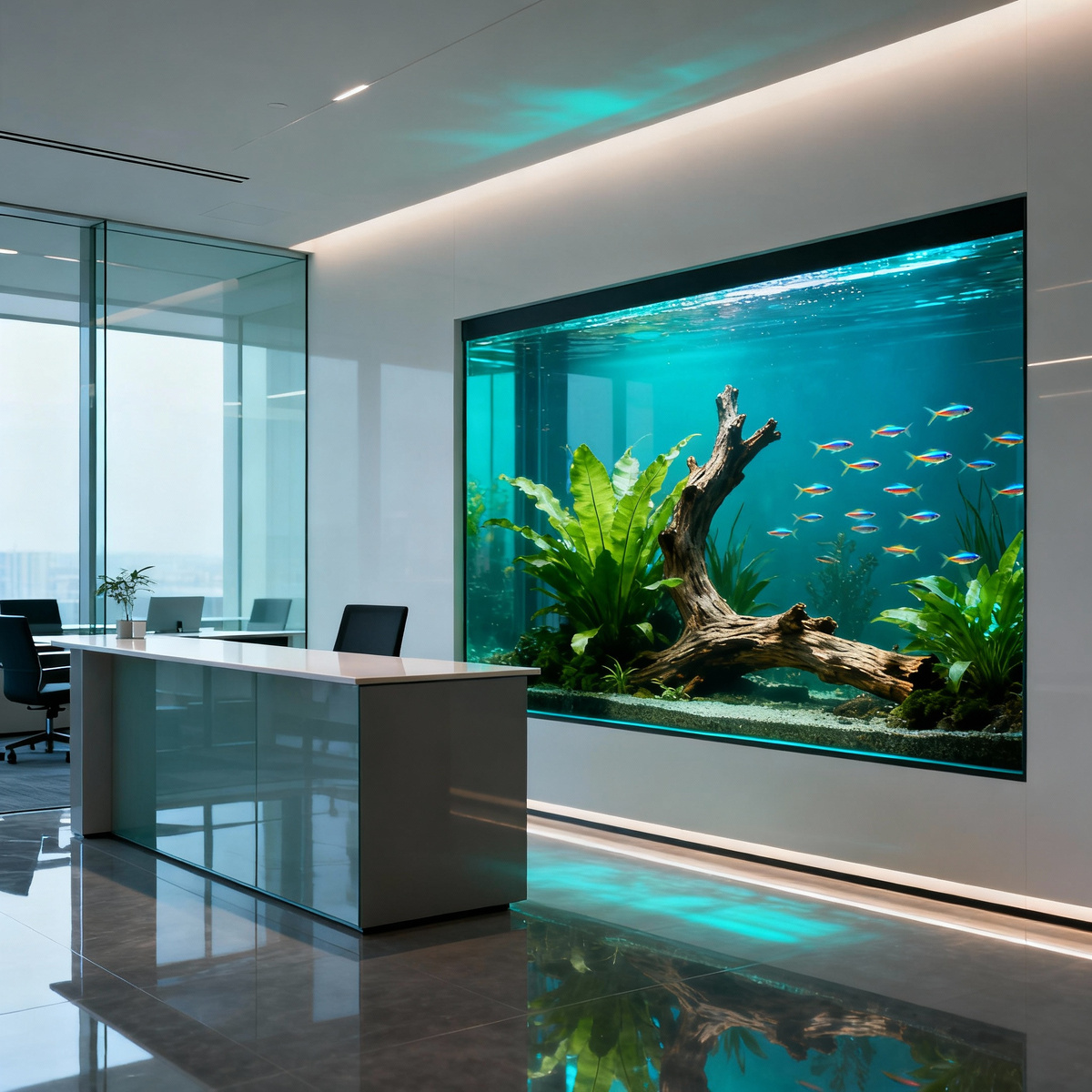 Аквариум в офисе снижает стресс, увеличивает время пребывания клиентов и создаёт премиальный образ. Рассказываю, как выбрать объём, место, оборудование и обслуживание под ключ.