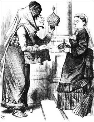 Политическая карикатура 1876 года, опубликованная в либеральном журнале Punch, на которой Бенджамин Дизраэли делает королеву Викторию императрицей Индии. Подпись гласила: «Новые короны для старых!». Источник: Wikimedia Commons