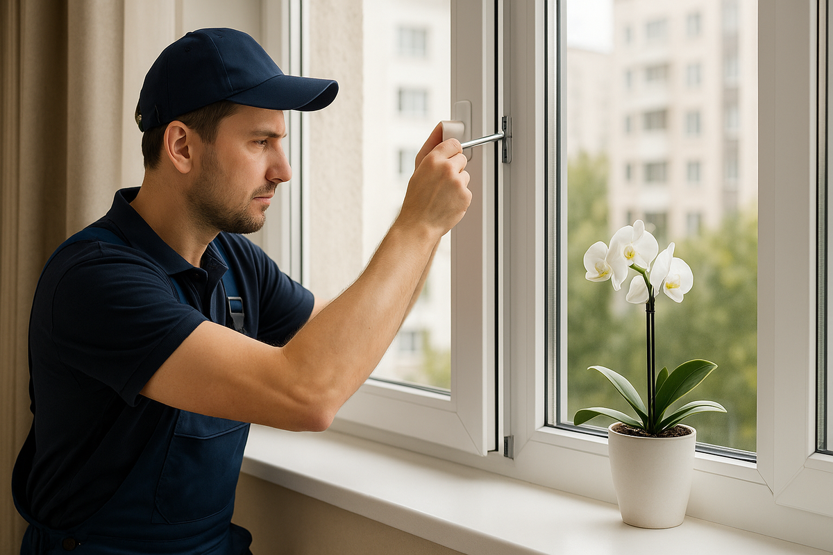 Процесс регулировки створки пластикового окна.