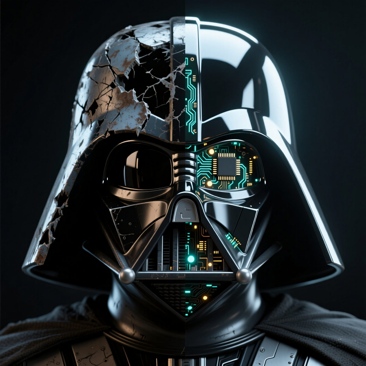 Шлем Дарта Вейдера, разделенный на три части, показывающий трансформацию.