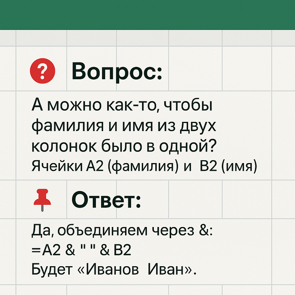 А можно как-то чтобы фамилия и имя из двух колонок было в одной? Ячейки А2 (фамилия) и В2 (имя). Ксения Кондратьева Онлайн-школа МозгоЁж