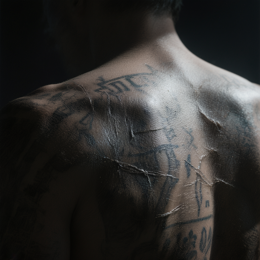 Пустая кожа, где каждый шрам и рисунок — немой крик о смысле, одиночество в мире, полном шума.