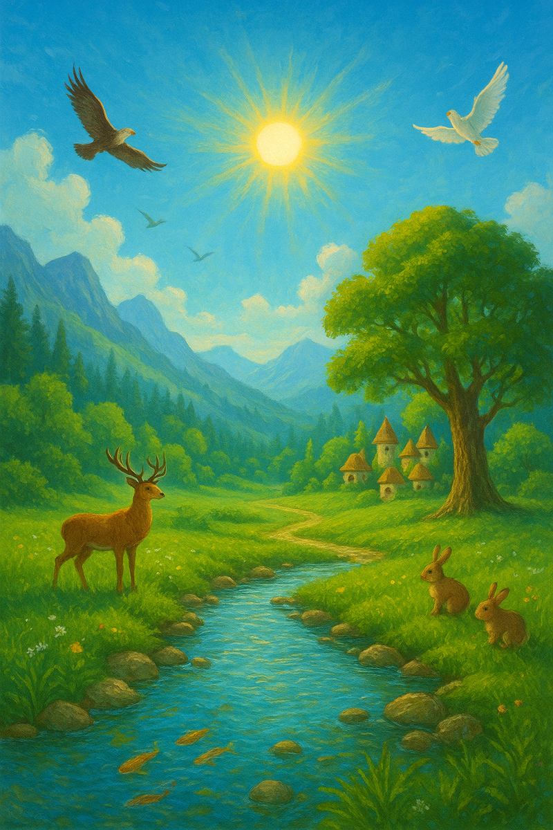 Яркий символический пейзаж, наполненный светом Духа. На нём — чистое голубое небо, лучи Солнца, струящиеся по зелёным холмам и долинам. Лес сияет живой зеленью, ручей отражает небесную чистоту, а в нём видны рыбы невиданной красоты. Повсюду царит дыхание Жизни — птицы в небе, животные на лугах, в глубине долины виднеются дома-обители, словно сотканные из света. Всё пространство наполнено покоем, радостью и вечным дыханием Бога, в Котором всё живо.