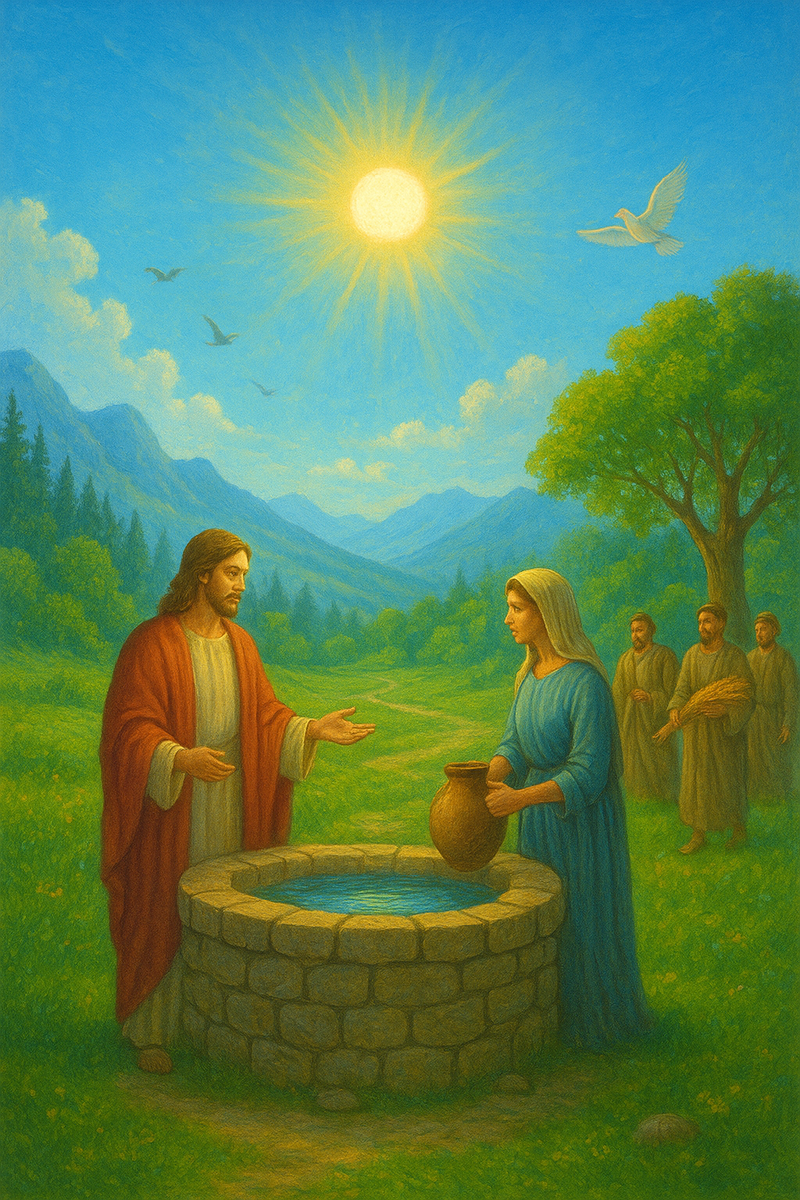 Традиционное вдохновенное полотно, изображающее Иисуса Христа, разговаривающего с самарянкой у колодца чистой воды. Солнце высоко над долиной, его лучи золотят траву и склоны гор. Вода в колодце прозрачна и спокойна — символ Источника Жизни и Духа. Рядом под деревом — ученики с колосьями пшеницы, как знамение жатвы и полноты Божьей работы. Над сценой — чистое небо, в котором парят птицы и сияет голубь — знак Духа Святого. Вся композиция излучает гармонию, любовь и присутствие Вечной Жизни.