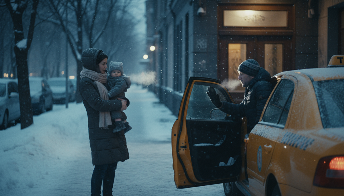 таксист и мама с ребенком