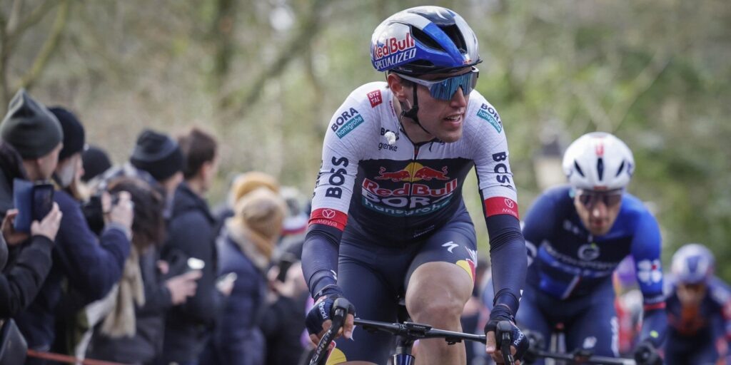    Ninove - Belgium - cycling - cyclisme - radsport - wielrennen - Lazkano Oier (ESP / Team Red Bull - BORA - hansgrohe) pictured during 80th Omloop Nieuwsblad (1.UWT) a one day race between Gent and Ninove (197km) - Photo: Tim van Wichelen/Cor Vos © 2025