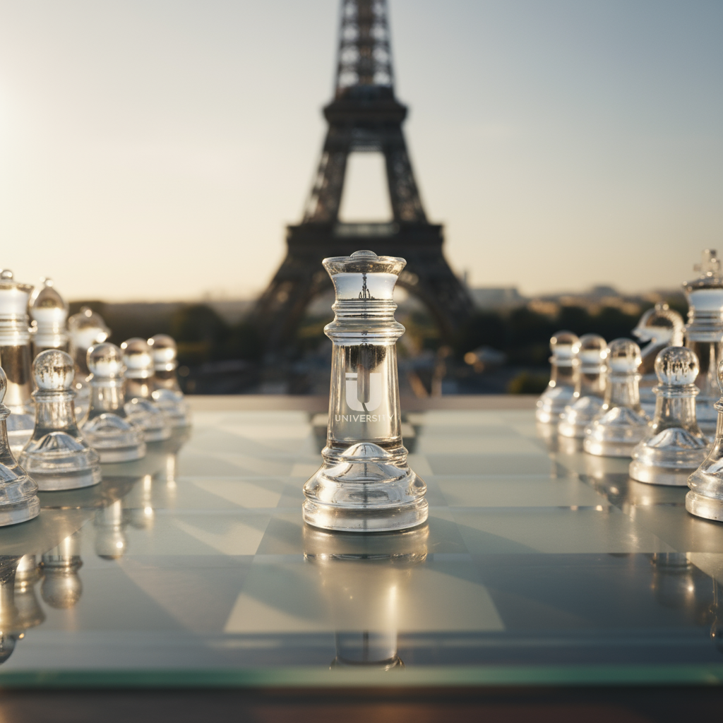Стипендия Eiffel — это не случайность, а стратегия. На фото — шахматная доска с фигурами на фоне Эйфелевой башни, отражающая идею: именно университет делает ключевой ход, выдвигая лучших кандидатов на французскую стипендию.