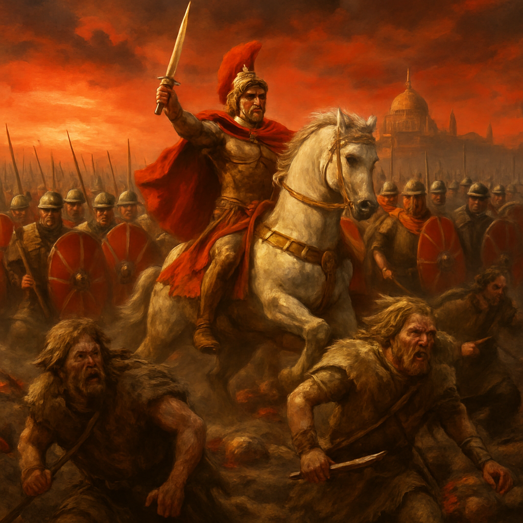 Эпическая батальная сцена битвы при Адрианополе. В центре композиции римский полководец Стилихон на коне, облаченный в золотую броню с красным плащом, направляет легионеров в атаку.