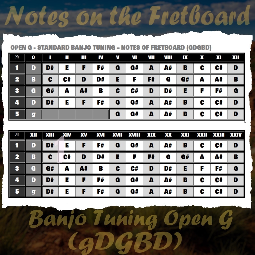 «Расположение нот на грифе банджо в строе Open G»