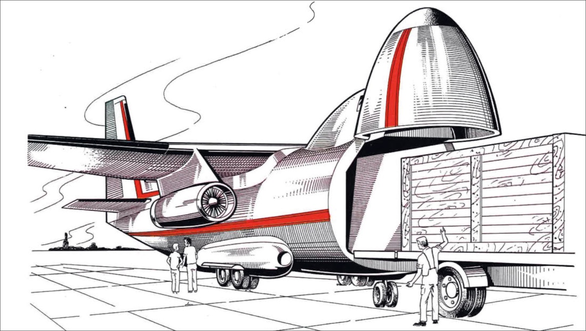 C-161 Jet представлял собой Transall со значительно измененным фюзеляжем: его передняя часть откидывалась вверх чтобы обеспечить доступ в широкий грузовой отсек. Рисунок AIRITAGE