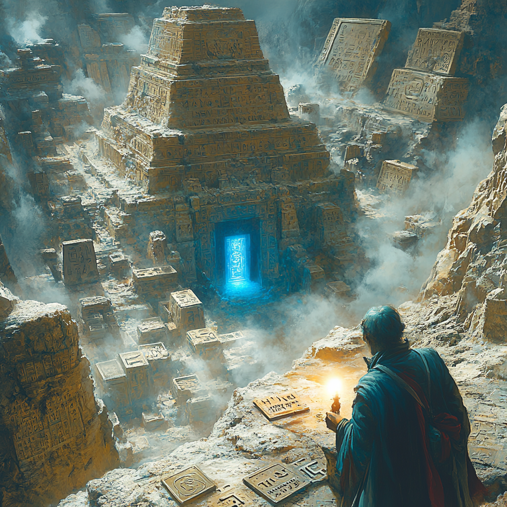  Древний каменный храм на вершине горы, окутанный туманом. Вокруг него разбросаны фрагменты различных культур: египетские иероглифы, шумерские клинописные таблички, санскритские символы, еврейские буквы. В центре композиции светящийся портал или врата, излучающие мистический голубой свет