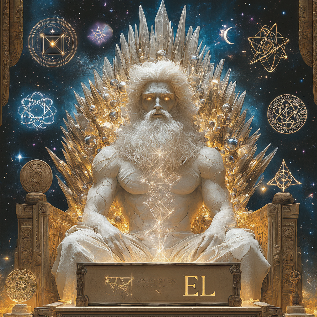  Величественная фигура Эля, восседающего на троне из кристаллов и света. Его облик неземной: лицо одновременно молодое и древнее, глаза светятся космической энергией. Вокруг него парят символы мироздания — атомы, спирали ДНК, геометрические фракталы, звёзды. Позади трона — бесконечный космос с галактиками. По сторонам от трона — древние символы из разных культур (египетский анх, индийская мандала, еврейская звезда Давида).