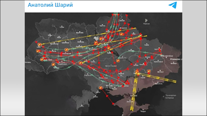    Карта ударов по Украине. Скриншот страницы с ТГ-канала Анатолия Шария