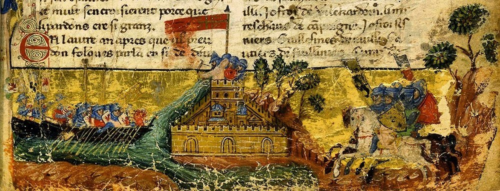 Крестоносцы атакуют Константинополь. Миниатюра из хроники «Завоевание Константинополя» Жоффруа де Виллардуэна. Ориентировочно 1330 год. Виллардуэн являлся одним из руководителей похода