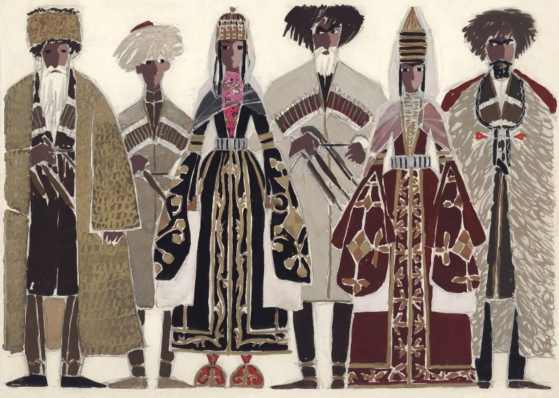 Рапопорт Эльза Давыдовна. Эскиз костюма. Горцы (Князь с дочерями и сыном Азаматом). Фильм: Бэла (Герой нашего времени). 1966 г. / Государственный центральный музей кино