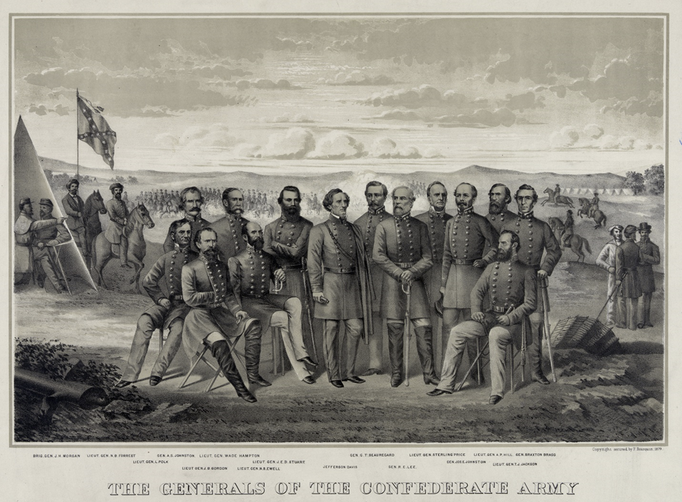 На литографии изображены ведущие военачальники Конфедеративных Штатов Америки времён Гражданской войны (1861–1865), а также президент Конфедерации Джефферсон Дэвис (в центре композиции).
1.	Brig. Gen. J. H. Morgan — бригадный генерал Джон Хант Морган
2.	Lieut. Gen. N. B. Forrest — генерал-лейтенант Нэйтан Бедфорд Форрест
3.	Gen. A. S. Johnston — генерал Альберт Сидни Джонстон
4.	Lieut. Gen. Wade Hampton — генерал-лейтенант Уэйд Хэмптон
5.	Lieut. Gen. J. E. B. Stuart — генерал-лейтенант Джеймс Эвелл Браун Стюарт
6.	Lieut. Gen. L. Polk — генерал-лейтенант Леонид Полк
7.	Lieut. Gen. J. B. Gordon — генерал-лейтенант Джон Браун Гордон
8.	Lieut. Gen. R. S. Ewell — генерал-лейтенант Ричард Стоддард Юэлл
9.	Gen. G. T. Beauregard — генерал Густав Тусен Боре Борагар
10.	Jefferson Davis — Джефферсон Дэвис, президент Конфедеративных Штатов Америки
11.	Gen. R. E. Lee — генерал Роберт Эдвард Ли
12.	Lieut. Gen. Sterling Price — генерал-лейтенант Стерлинг Прайс
13.	Lieut. Gen. A. P. Hill — генерал-лейтенант Амброз Пауэлл Хилл
14.	Gen. Braxton Bragg — генерал Брэкстон Брэгг
15.	Gen. Jos. E. Johnston — генерал Джозеф Эгглстон Джонстон
16.	Lieut. Gen. T. J. Jackson — генерал-лейтенант Томас Джонатан «Стоунволл» Джексон
