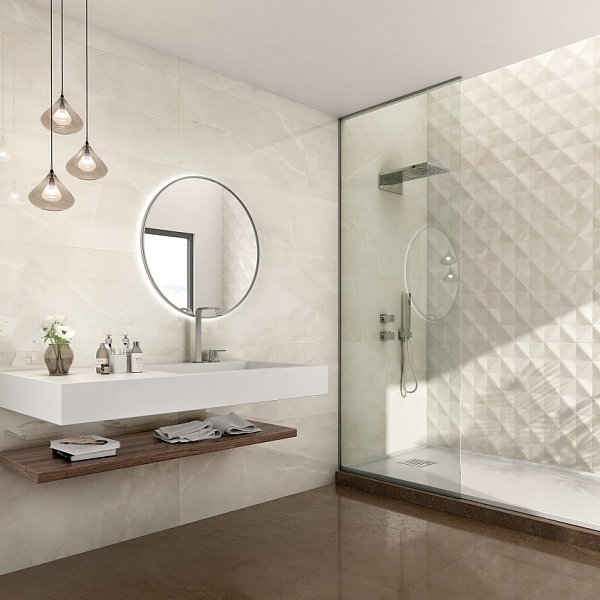 На фото: интерьер выполнен с использованием керамической плитки бренда Grespania, коллекция Alabaster. В GLOBUS CERAMICA можно купить отделочные материалы из последних коллекций этого производителя