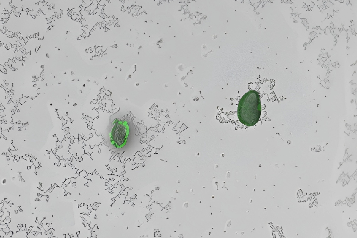 Частицы микропластика, подсвеченные бактерией Pseudomonas aeruginosa. Изображение: Song Lin Chua