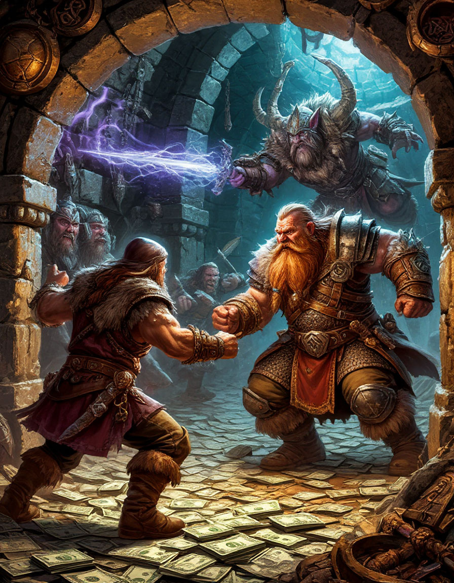 Магическая схватка в здании банка. Картинка создана нейросетью по заданию автора.