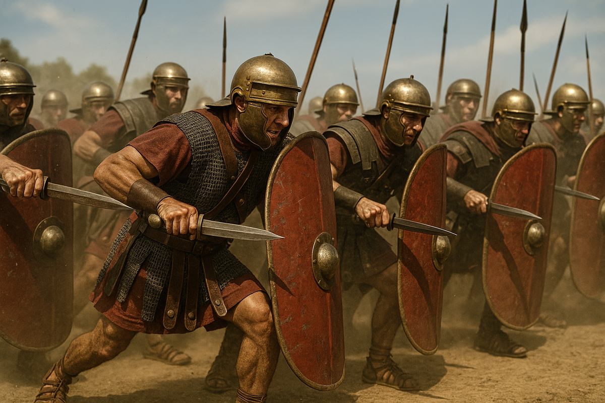 Момент ближнего боя с демонстрацией щитовой стены и техники боя с гладиусом