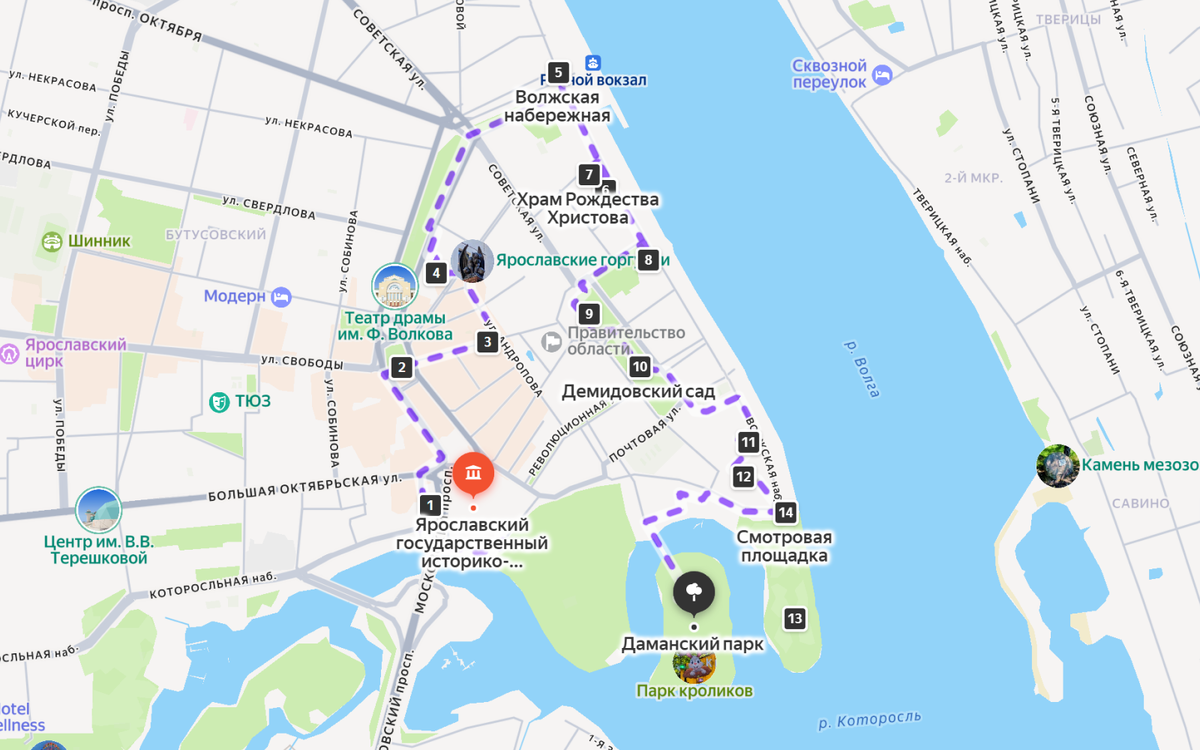 Карта прогулочного маршрута по Ярославлю