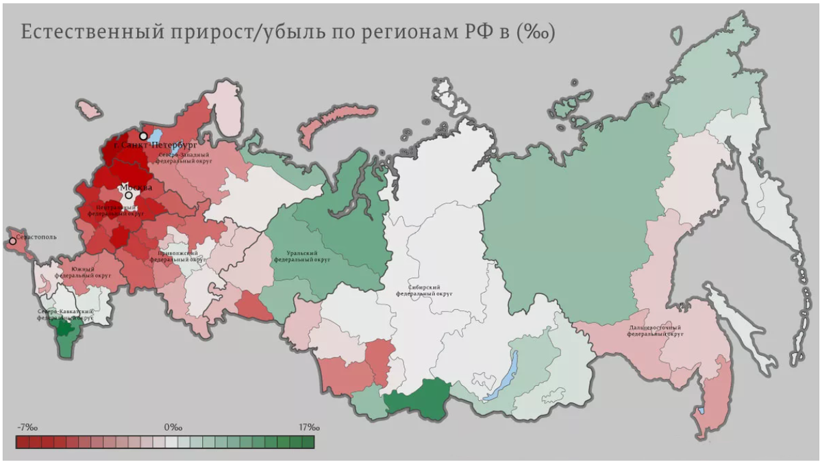 Карта естественного прироста/убыли по регионам РФ  (изображение взято из открытого доступа)