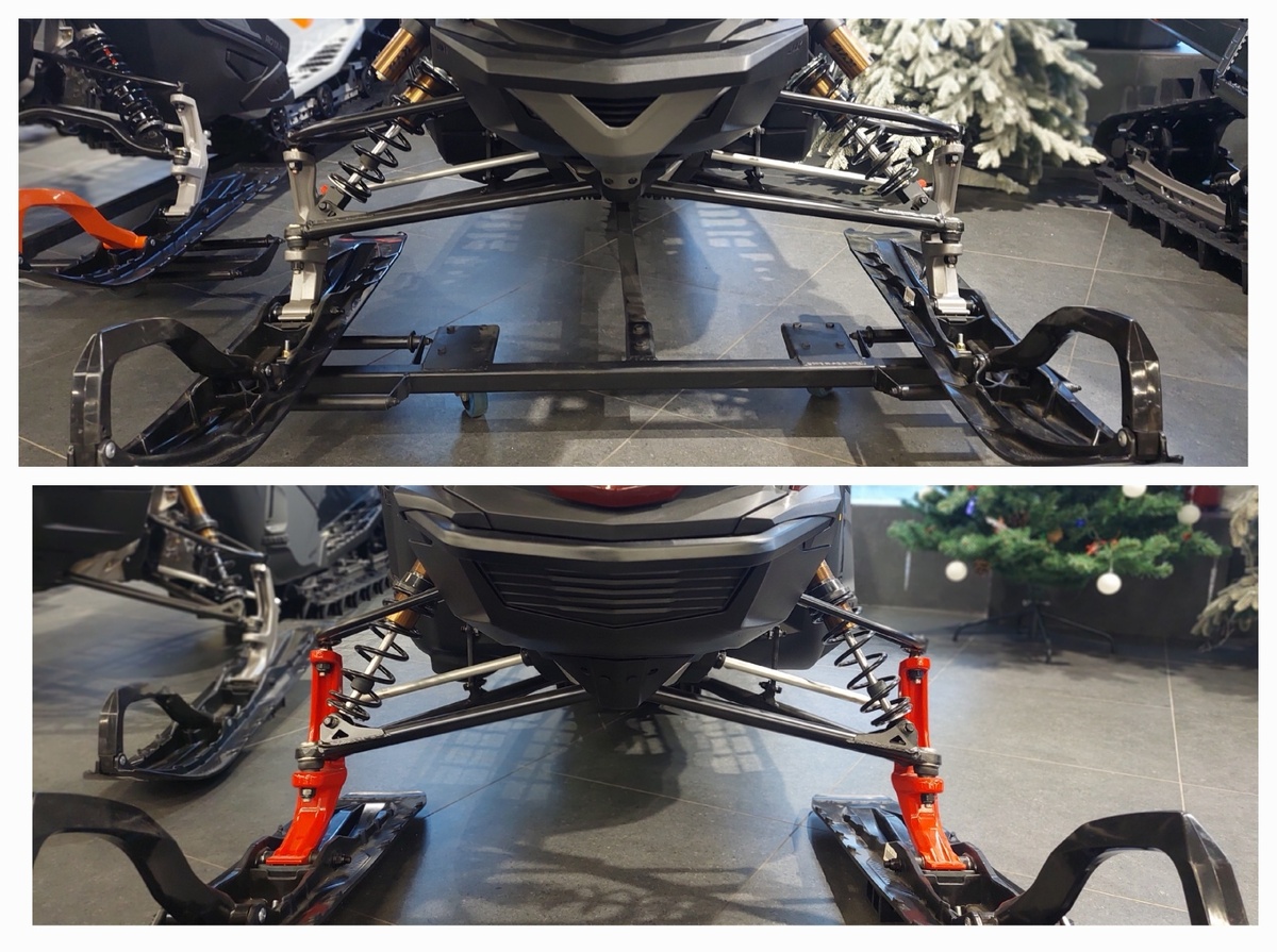 Вверху на фото самые длинные поперечные рычаги и самая большая база лыж у X Terrain. Внизу горный SHREDDER DS.